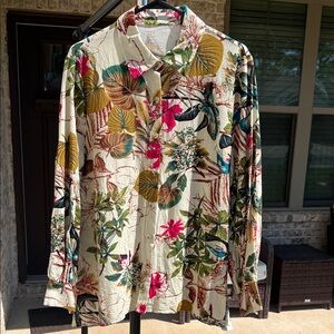 SHEIN Floral Button-Up Shirt in Ivory with Pink & Green Accents Size L